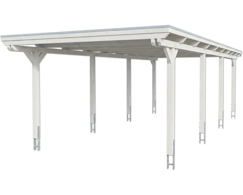 Carport double en bois blanc avec toit plat et supports de poteaux.