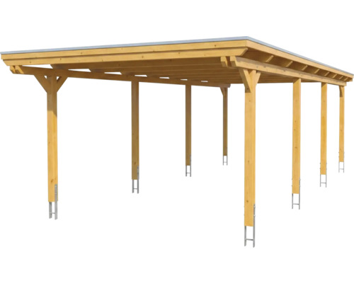 Carport en bois avec toit plat et six poteaux sur ancres métalliques.