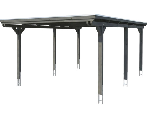 Carport en bois avec toit plat de couleur anthracite, six poteaux avec ancres en H.