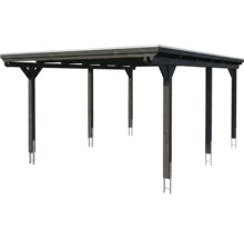 Dunkler Holz-Carport mit Flachdach und sechs Pfosten inklusive H-Ankern.