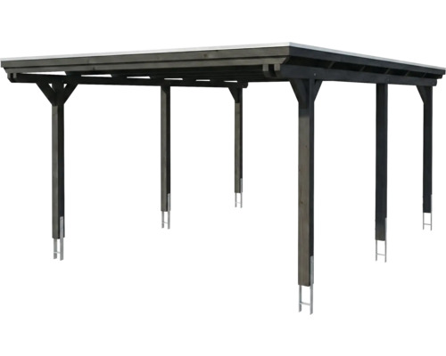 Dunkler Holz-Carport mit Flachdach und sechs Pfosten inklusive H-Ankern.