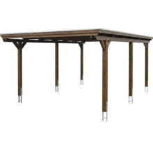 Carport en bois avec toit plat, six poteaux lasurés marron foncé avec ancrages en H et liens de contreventement.