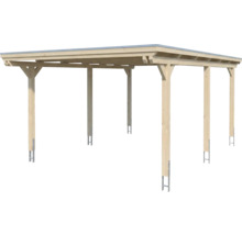 Carport en bois avec toit plat et six poteaux comprenant des ancres en H pour la fixation au sol.