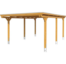 Carport en bois avec toit plat et six poteaux comprenant des ancres en H pour la fixation au sol.