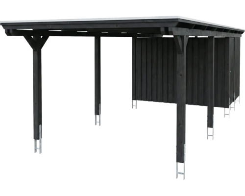 Carport en bois gris anthracite avec remise intégrée, toit plat et ancrages de poteaux en métal.