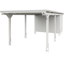 Carport blanc en bois avec toit plat et remise intégrée, ancres en H pour la fixation incluses.