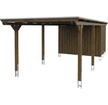 Holzcarport mit integriertem Geräteraum, Pultdach und Pfostenankern aus Metall.