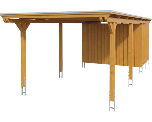 Einzelcarport aus Holz mit integriertem Geräteraum, Flachdach und Pfostenankern.