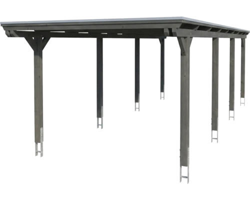 Doppelcarport aus Holz mit Flachdach und sechs Pfosten inklusive Metallankern.