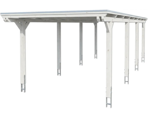 Carport double en bois blanc avec ancrages en H et toit plat.