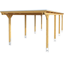 Carport double en bois avec toit plat et six poteaux, y compris des ancres métalliques.