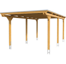 Carport en bois avec toit plat et six poteaux comprenant des ancres métalliques.