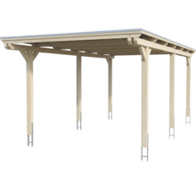 Carport en bois clair avec toit plat et ancrages de poteaux en métal.