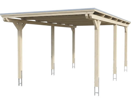 Carport en bois clair avec toit plat et ancrages de poteaux en métal.