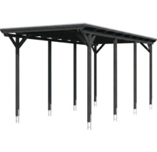 Carport aus anthrazitfarbenem Holz mit Flachdach und Pfosten mit Metallankern.