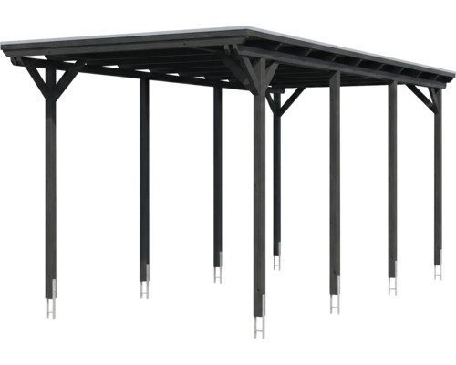 Carport aus anthrazitfarbenem Holz mit Flachdach und Pfosten mit Metallankern.