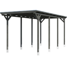 Carport aus Holz mit Flachdach und Pfostenkonstruktion inklusive Metallstützen.
