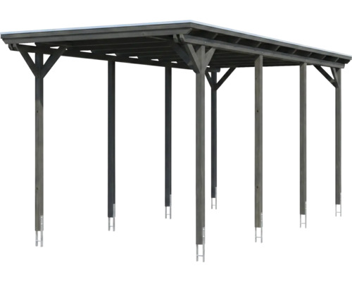 Carport aus Holz mit Flachdach und Pfostenkonstruktion inklusive Metallstützen.