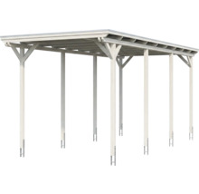 Wäisst Holzcarport mat Flachdach a sechs Potte mat H-Ankeren.