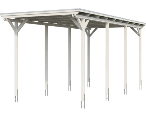 Wäisst Holzcarport mat Flachdach a sechs Potte mat H-Ankeren.