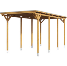 Freistehender Doppelcarport aus Holz mit Flachdach und Metallankern für die Pfosten.