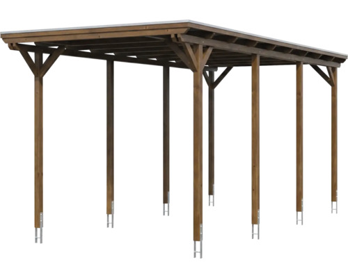 Carport aus Holz mit Flachdach und sechs Stützpfosten inklusive Pfostenankern aus Metall.