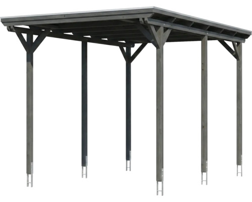 Carport en bois gris avec toit plat et poteaux avec ancres métalliques.
