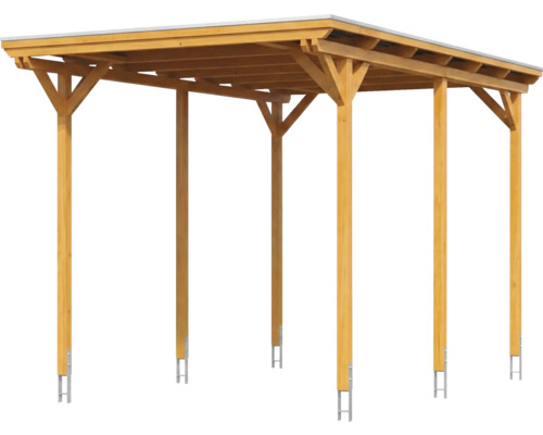 Carport aus Holz mat Flachdach a sechs Pottoen inklusive Pottoenankeren.