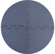 Tapis puzzle rond gris en mousse avec surface texturée, quatre pièces.
