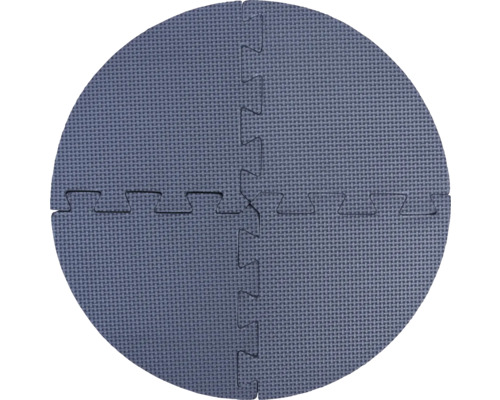 Tapis puzzle rond gris en mousse avec surface texturée, quatre pièces.