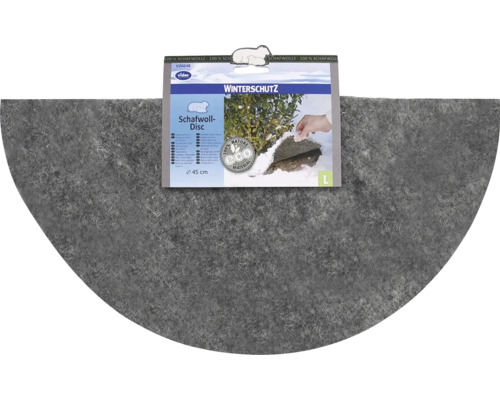 Graue Schafwoll-Disc für Winterschutz von Pflanzen aus 100 Prozent Schafwolle, Videx Logo, umweltfreundliches Material, Durchmesser 45 Zentimeter.