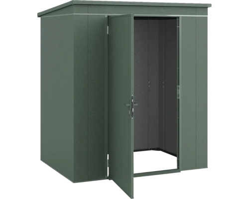 Abri de jardin en métal avec toit en appentis et porte ouverte