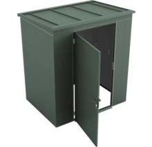 Armoire de jardin en métal vert foncé avec une porte ouverte et toit plat.