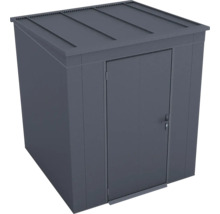 Kompaktes Gerätehaus aus Metall mit Flachdach und abschließbarer Tür in Anthrazit.