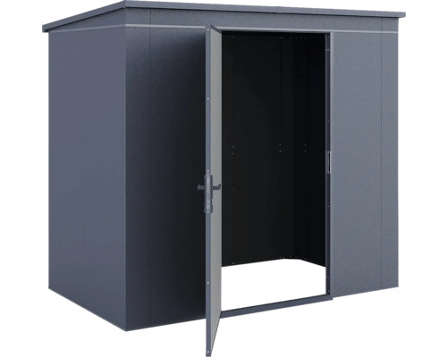 Abri de jardin en métal gris foncé avec une porte simple ouverte et un toit en pente.