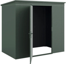 Abri de jardin en métal vert foncé avec une porte ouverte.