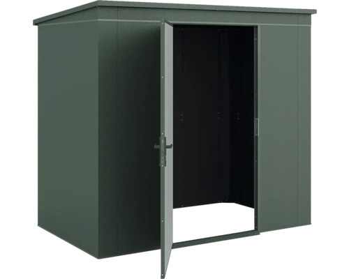Abri de jardin en métal vert foncé avec une porte ouverte.