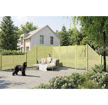 Clôture brise-vue en bois à lattes horizontales sur une terrasse pavée avec mobilier de jardin et un chien.