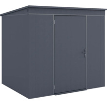 Gerätehaus aus Metall mit Pultdach und einer Einzeltür.