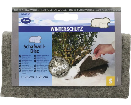 Disque en laine de mouton gris Videx pour la protection hivernale des plantes, 100 pour cent laine de mouton, diamètre 25 centimètres, Videx Logo.