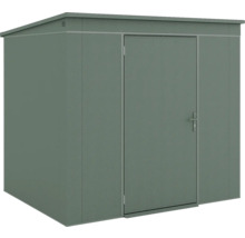 Gerätehaus aus Metall mit Pultdach und einer Einzeltür.