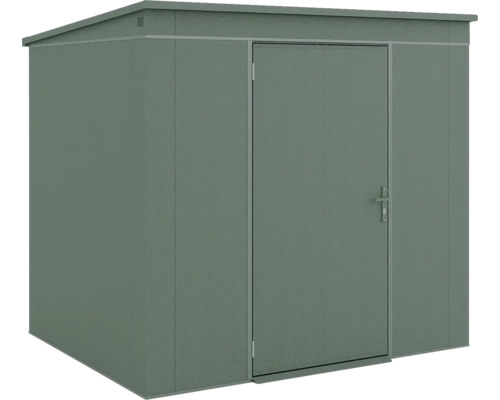 Gerätehaus aus Metall mit Pultdach und einer Einzeltür.