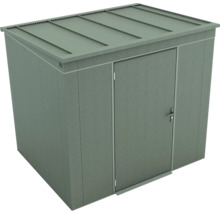 Gerätehaus aus Metall mit Pultdach und einer Tür in Dunkelgrün.