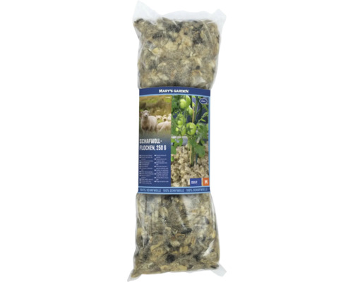 250 grammes de flocons de laine de mouton Mary's Garden en 100 pour cent laine de mouton comme engrais naturel et réserve d'eau pour les plantes.