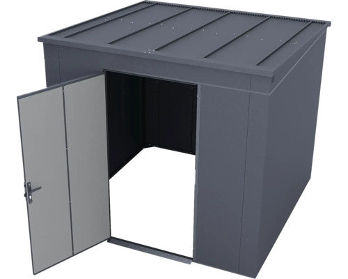 Abri de jardin en métal gris foncé avec toit en appentis et une porte ouverte.