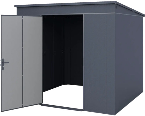 Abri de jardin en métal anthracite avec toit en pente et une porte ouverte.