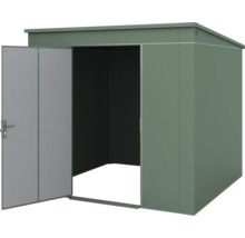 Abri de jardin vert foncé en métal avec toit monopente et une porte ouverte.