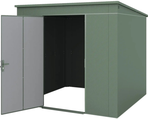 Abri de jardin vert foncé en métal avec toit monopente et une porte ouverte.