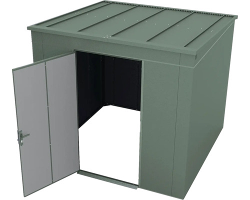Abri de jardin en métal vert avec toit en appentis et une porte ouverte.