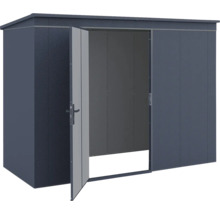 Abri de jardin moderne en métal avec toit en pente et une porte ouverte en anthracite.